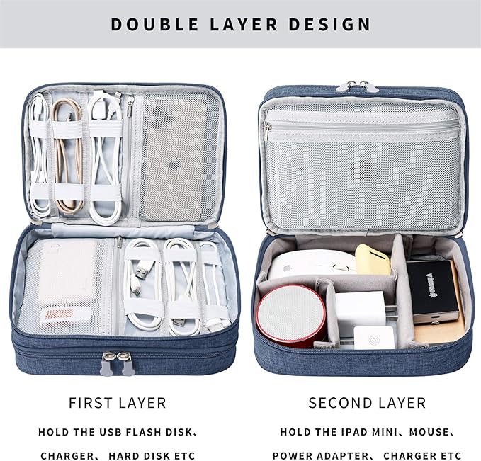 Lanola Travel Cable Organizer Bag, Electronic Accessories Case Portable Double Layer Cable Storage Bag for Cord,phone,Charger, Flash Drive, Phone, SD Card,Personal Items - (Dark Blue)