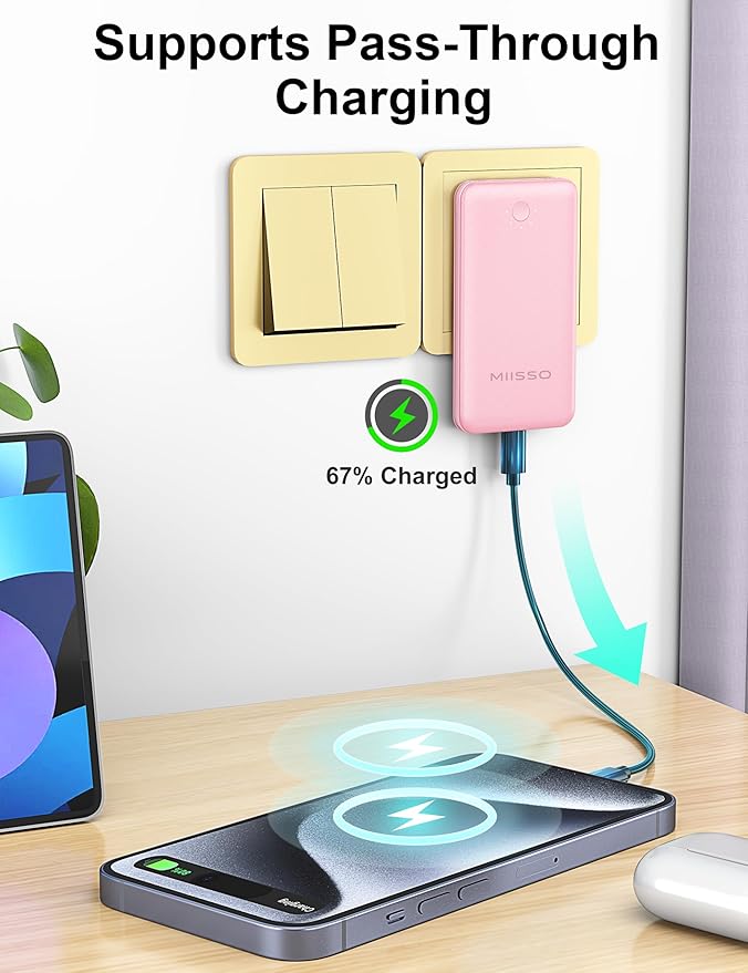 miisso Ultra Slim 10000mAh Power Bank Built-in Cables and Foldable AC Wall Plug, Pocket Size USB C Portable Charger, External Battery Pack Compatible with iPhone Samsung, 2 Pack Black & Pink