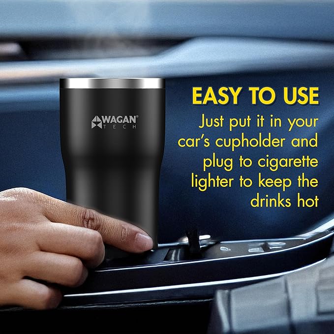Wagan EL6101 12V Travel Car Heated Mug Portable 16oz Stainless Steel Anti-Spill Lid Slip Resistant Base Car Coffee Warmer Coffee Cup (Black)