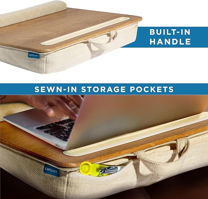LAPGEAR Portable Laptop Lap Desk with Pillow Cushion, Anti-Slip Strip, Tablet or Phone Storage Slot, Pen and Pencil Pocket, and Wrist Rest - White Oak Woodgrain - Fits 15.6" Laptops - Style No. 91349