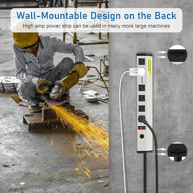 CCCEI Heavy Duty Power Strip Surge Protector 20 Amp, High Amp Industrial Shop Garage Metal Multiple Outlets, 6 FT 12 Gauge 5-15P Extension Cord 6 Outlet 6-20R T-Slot 20a for Appliance.