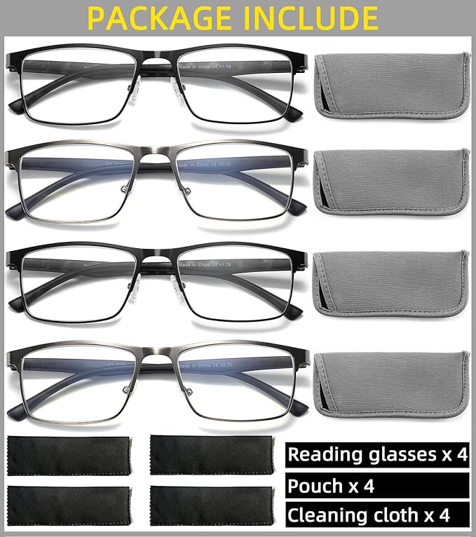 4-Pack Mens Reading Glasses Blue Light Blocking,Spring Hinge Stylish Metal Full Frame Readers for Men Anti Glare Filter Eyeglasses +1.0