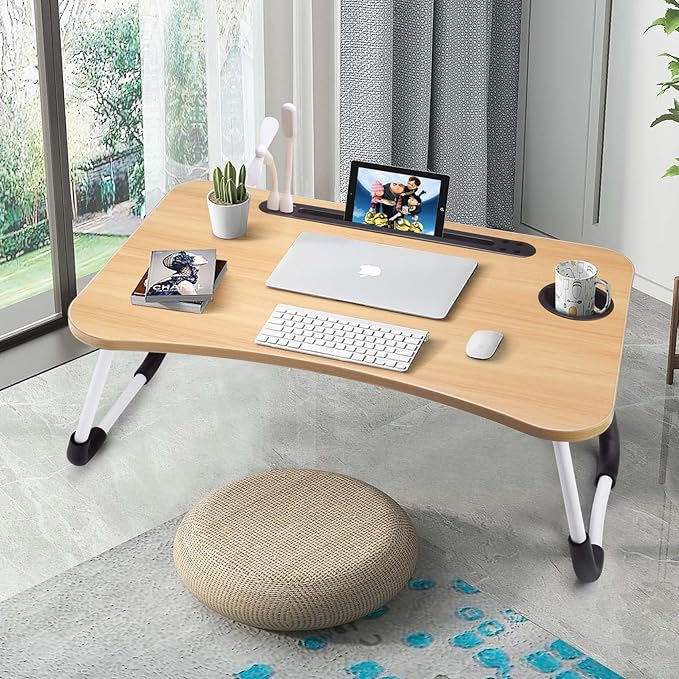 Slendor Lap Desk with Cup Holder, Foldable Laptop Table for Bed, Portable Bed Desk for Laptop and Writing, Computer Tray with Tablet Slot, Notebook Stand Reading Holder for Couch Sofa Floor,Walnut