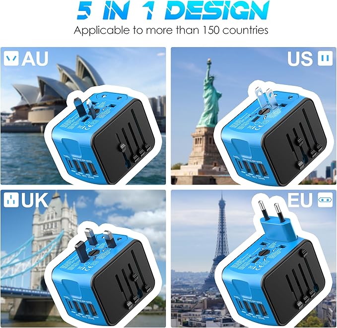 ISIX International Travel Adapter Universal Power Adapter Worldwide All in One 4 USB Perfect for European US, EU, UK, AUS,Asia 200+ Countries
