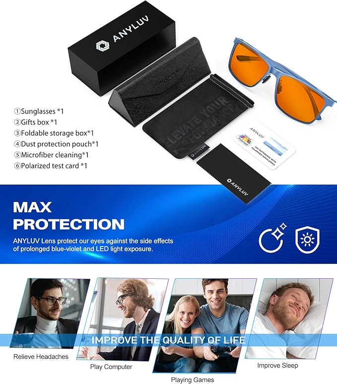 ANYLUV Blue Light Glasses Men, Relieve Eyestrain and Eye Protection, Al-Mg Metal Computer Blue Light Blocking Glasses