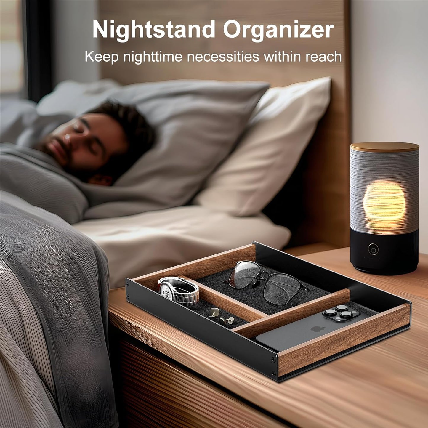 UPERGO Desk Drawer Organizer Tray, Mens Valet Made of Aluminum and Walnut, Aesthetic Desk Accessories for Office Home Supplies