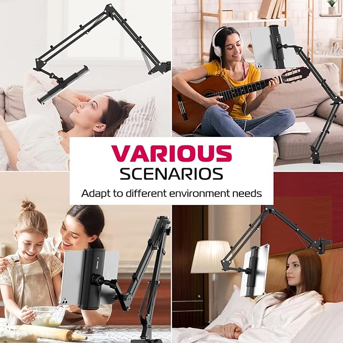 ULANZI T2 Adjustable Tablet Holder for Desk, Carbon Steel Tablet Phone Stand for Bed, Flexible Tablet Arm Clamp Compatible with iPhone 17 16 15 Pro iPad Kindle Galaxy Tab 4.6-12.9 Inch Devices