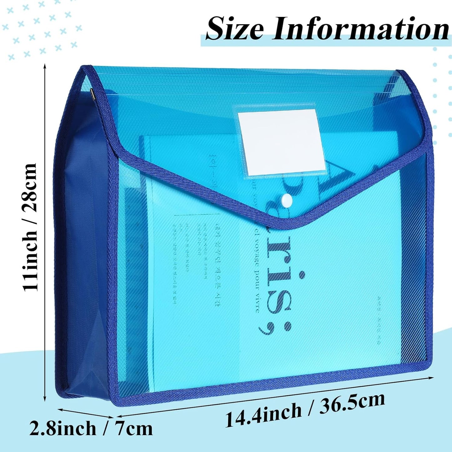 10 Pieces Plastic File Folders Envelope Expanding File Wallet Organizer Documents Folder with Snap Closure and Pocket B4 Waterproof Transparent Pouch for School Office(Blue,Horizontal)