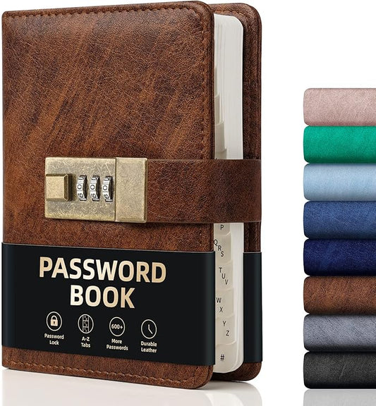 WEMATE Password Book with Lock, Password Book with Alphabetical Tabs 600+ Password Spaces, Password Logbook, Password Keeper for Computer 4.33 X 6.18 Inch Brown
