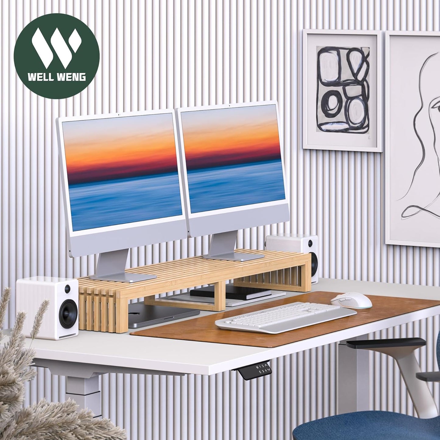 Dual Monitor Riser Stand with Airflow Vents for 2 Monitors, Double Computer Monitor Laptop Stand Grille Design, 3 Mins Assembly Farmhouse 39 inch Bamboo Desk Shelf Organizer (Natural)