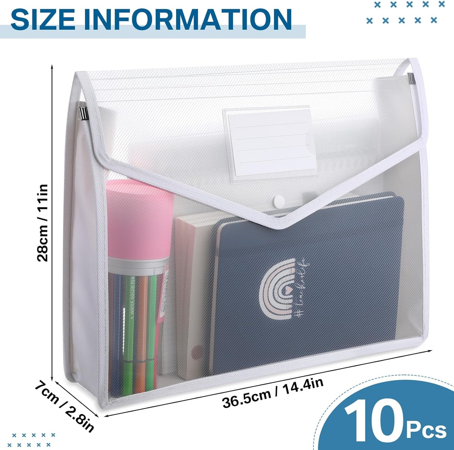 10 Pieces Plastic File Folders Envelope Expanding File Wallet Organizer Documents Folder with Snap Closure and Pocket B4 Waterproof Transparent Pouch for School Office(White,Horizontal)