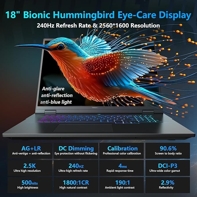 Thunderobot Zero 18 Pro 5070 Ti Gaming Laptop, 18" QHD+ 240Hz Hummingbird Display, Core Ultra 9 275HX, GeForce RTX 5070 Ti, 32GB DDR5, 1TB SSD, Per-Key RGB, FHD IR Camera, Wi-Fi 6E, Win 11 Home