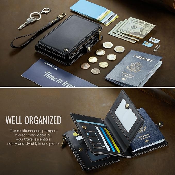 Passport Holder Wallet Bag with AirTag Holder, 11 Card Slots and Passport Solt Cash Solt Photo Solt Zipper Pocket, RFID Blocking Wristlet Strap.Black