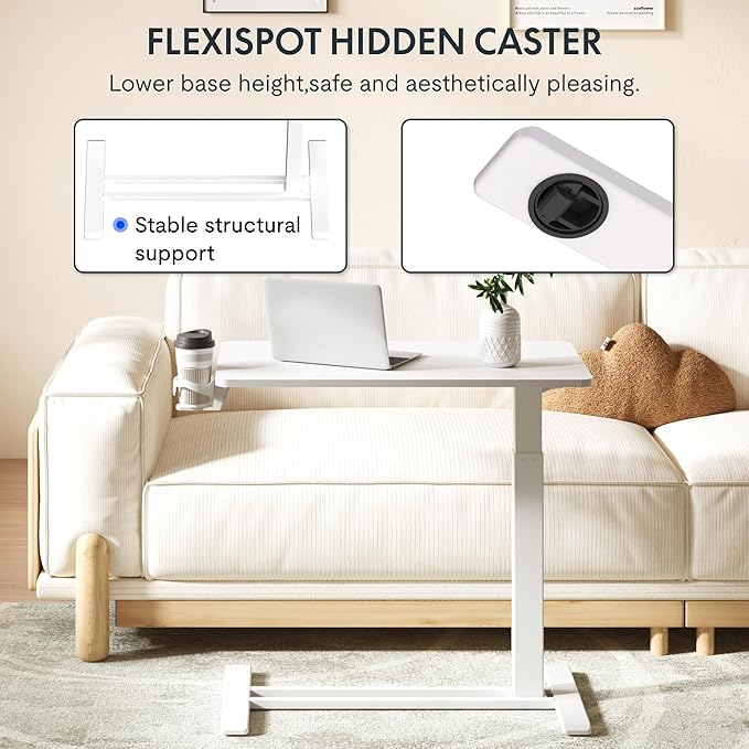 FLEXISPOT H7 Adjustable Overbed Bedside Table with Wheels Pneumatic Mobile Standing Laptop Desk Rolling Computer Cart Movable Overbed Table Hospital Home Use (31.5" W x 17.7" D, White Large)