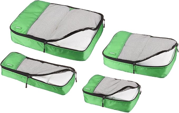 Amazon Essentials 4-Piece Packing Cubes Travel Accessories Set, Luggage Organizer with Double Zipper, Mesh Top, 100% Polyester, Small/Medium/Large/Slim, Green (Previously Amazon Basics)