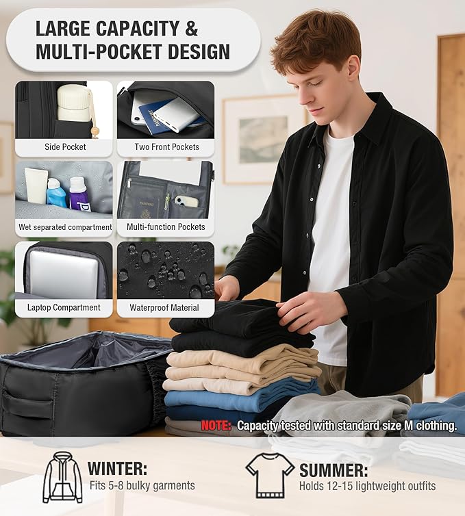 VECAVE Vacuum Backpack Travel with Pump for Women, Personal Item Carry on Backpacks Flight Approved for Men,Laptop Waterproof Work Compression bags Casual Daypack Black