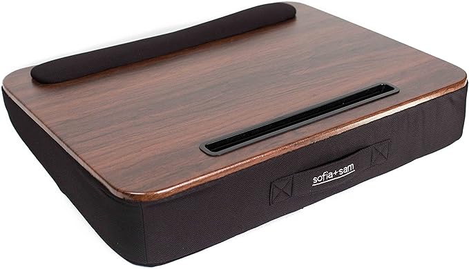 Sofia + Sam Multi Tasking Lap Desk with Memory Foam Cushion | Tablet Slot | Fits Laptops Up to 17" | Tablets Up to 9.6" | Black | Walnut Wood Top | Computer Lap Tray