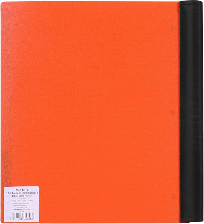 Mintra Office Durable PREMIUM Spiral Notebook, ((Orange, 3 Subject, 8.5in x 11in)), Fabric Covered Coils, No Snags, Removable Adjustable Pocket Dividers, Ruler, Organization, Customizable