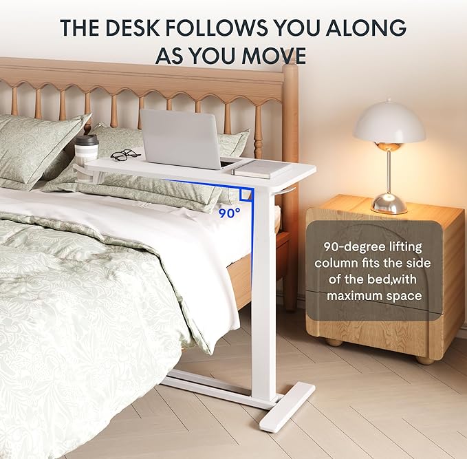 FLEXISPOT H7 Adjustable Overbed Bedside Table with Wheels Pneumatic Mobile Standing Desk Laptop Desk Rolling Computer Cart Movable Overbed Table Hospital Home Use(27.6" W x 15.7" D, White)
