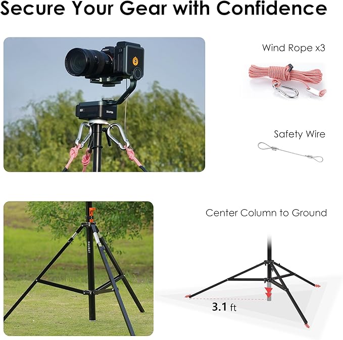 RAUBAY 24' Tall Tripod Stand, Extreme Tall Heavy Duty Sports Camera Video Tripod, Spring Telescoping Aluminium Alloy Large Light Stand with 1/4"& 3/8" Screw, Professional Sky High for Outside Shooting