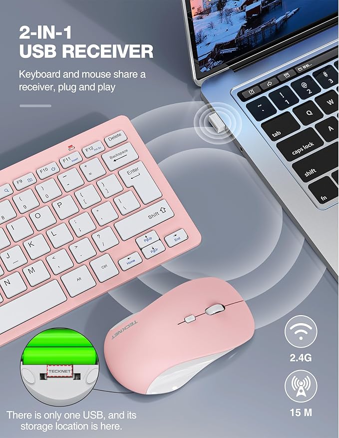 TECKNET Wireless Keyboard and Mouse Combo, Mini Cordless Computer Keyboard and Mouse Set 2.4GHz, Silent Adjustable 1600 DPI, Quiet Click, Lag-Free for Computer, Laptop, PC, Windows, Mac, Chrome OS