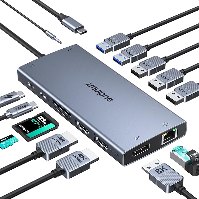 ZMUIPNG USB C Laptop Docking Station with 2 HDMI 4K@60Hz+DP 8K@30Hz 15 in 1 USB C Hub Triple Display Multiple Adapter Dongle with USB A Port+Button+PD+Ethernet+SD/TF+Audio for Dell HP Thinkpad Surface