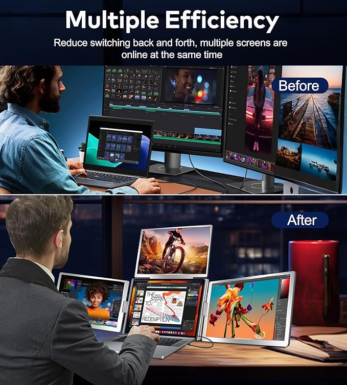 FOPO 14" Laptop Screen Extender, FHD 1080P IPS Monitor Extender, Just 1 Cable for 3 Screens Quad Monitor, Triple Extender for 12"-17.3" Laptops, Compatible with Windows 10/11 and Mac M1/M2/M3