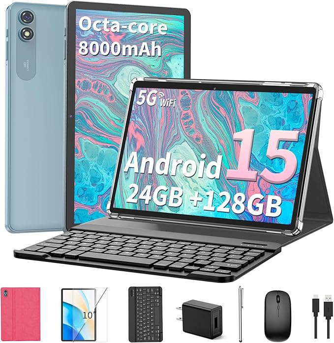 2025 Android 15 Tablet with Keyboard, 24GB+128GB+2TB Expand, 10.1 Inch Octa-Core 2-in-1 Tablets with 5G/2.4G WiFi, 8000mAh, BT5.0, GMS Certified, with Mouse, Case, Stylus, Split Screen(Pink)
