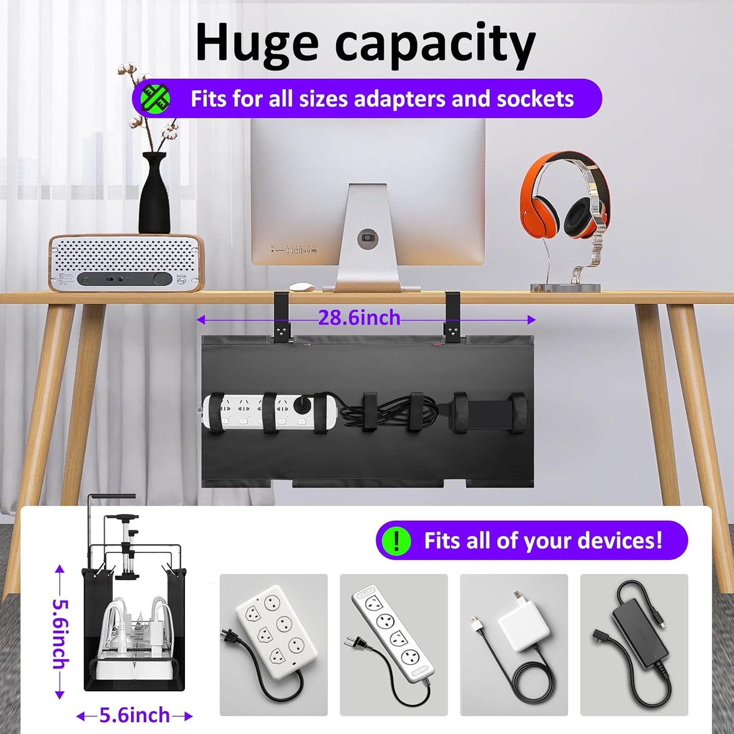 Under Desk Cable Management Tray - Under Desk Cord Management - Clamp/Screw Mount - Fabric Wire Management - Cable Raceways Tray Cord Hiders for Office/Home (Black, 28.6"×5.6")