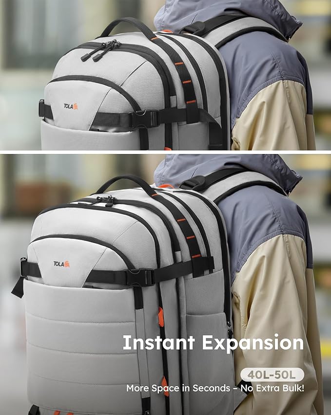 Tolaccea Carry on Travel Backpack, TSA Friendly Flight Approved Laptop Backpack Duffle Bag for Men Women with Dual Laptop Storage for 17.3", Expandable Business Rucksack 40L-50L Large - Grey