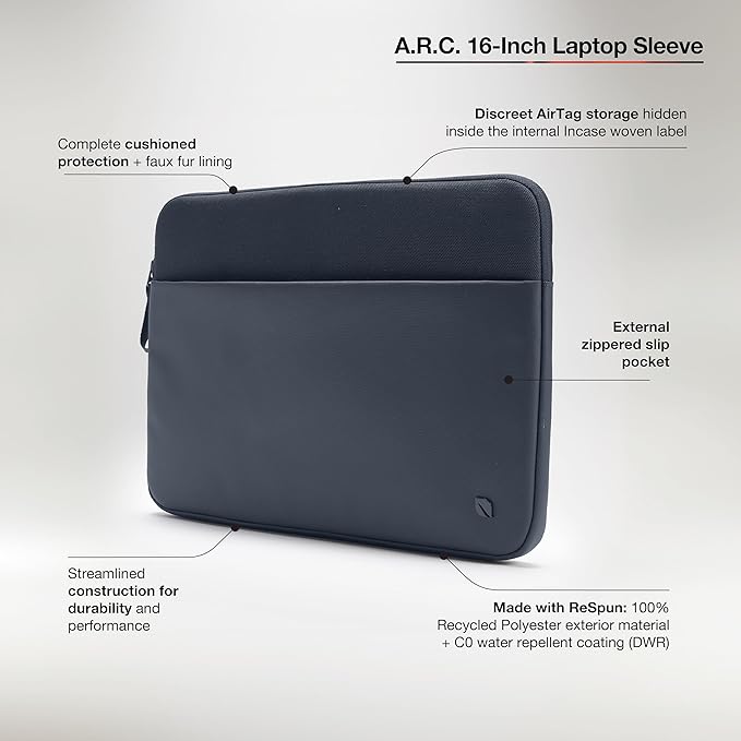 Incase A.R.C. Sleeve with ReSpun Recycled Polyester - 15 inch and 16 inch MacBook/Laptop & iPad/Tablet Case - Cushioned Faux Fur Lining, External Zippered Slip Pocket - Navy