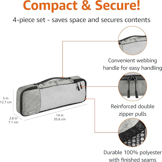 Amazon Essentials 4-Piece Packing Cubes Travel Accessories Set, Luggage Organizer with Double Zipper, Mesh Top, 100% Polyester, Slim, Gray (Previously Amazon Basics)