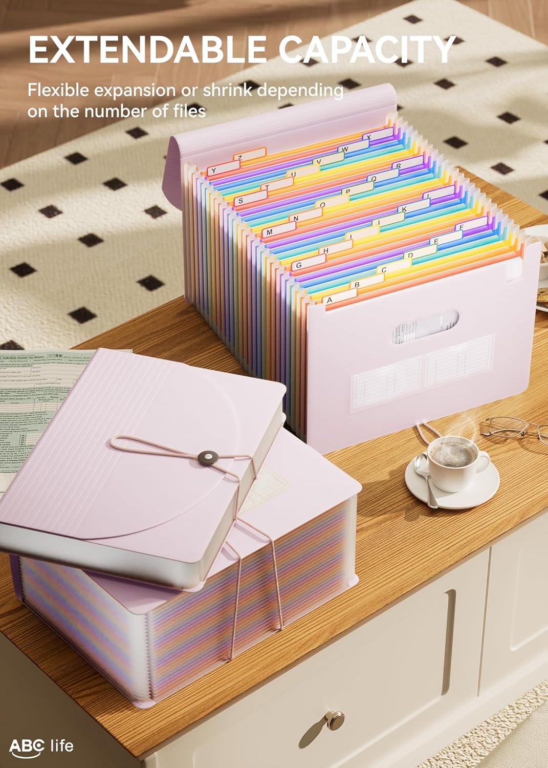 ABC life 26 Pockets Accordian File Organizer Expanding File Folders, Portable Letter A4 Size Filing Box,Plastic Monthly Receipt Document Organizer with Colored Tabs (Pinkish Purple)
