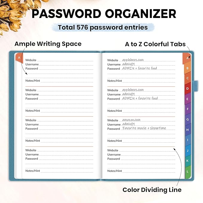 SUNEE Password Book with Colorful Alphabetical Tabs, Password Books for Seniors, Password Keeper Book for Computer and Internet Address Website Login, 5.3''x 7.7''- Petrol