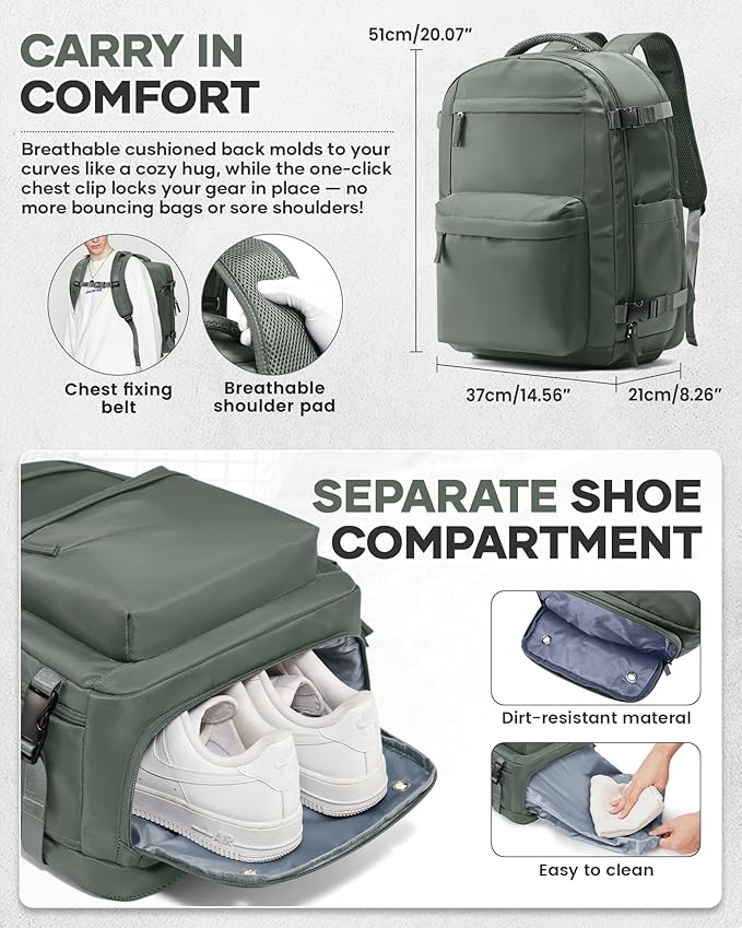 Vacuum Travel Backpack with Pump for Women, Personal Item Carry on Backpacks Flight Approved 18x14x8 inches for Men,Laptop Waterproof Work Compression bags Casual Daypack. Green.