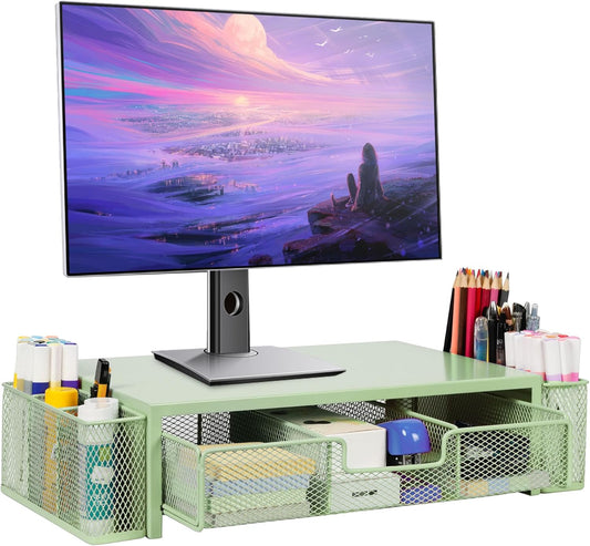 Computer Monitor Stand Riser with Drawer and Pen Holders, Desk Organizer Shelf and Accessories, Office Desk Accessories, Office Organization, Green