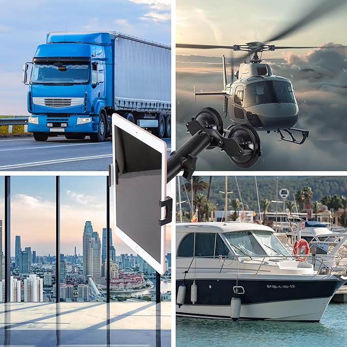 Aluminum Tablet Holder with Dual Suction Cup Base for Car/Boat Windshield, Tablet Stand Fits iPad Air 13" M2 (2024), iPad Pro 12.9" and other 4.7-15" Tablets, Mount on Window Bathroom Mirror