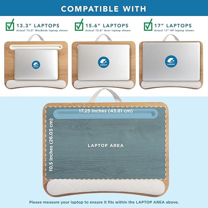 LAPGEAR Portable Laptop Lap Desk with Pillow Cushion, Anti-Slip Strip, Tablet or Phone Storage Slot, Pen and Pencil Pocket, and Wrist Rest - White Oak Woodgrain - Fits 15.6" Laptops - Style No. 91349