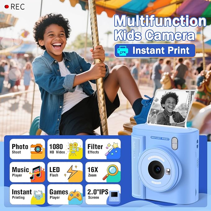Kids Camera Instant Print for 3-12 Year Olds, HD Digital Instant Print Camera for Boys & Girls, Ideal Christmas Birthday Gift with 32GB SD Card, Easy to Use