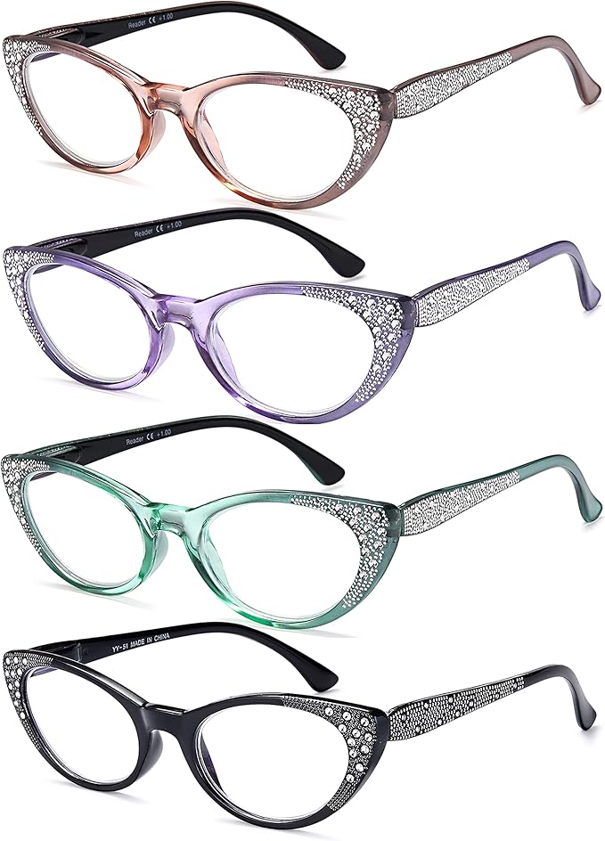 EYEURL Cat Eye Reading Glasses for Women - Blue Light Blocking 4 Pack Ladies Fashion Readers with Flexible Spring Hinges, Anti-Glare&UV Rays +1.75 Eyeglasses, Black/Brown/Green/Purple
