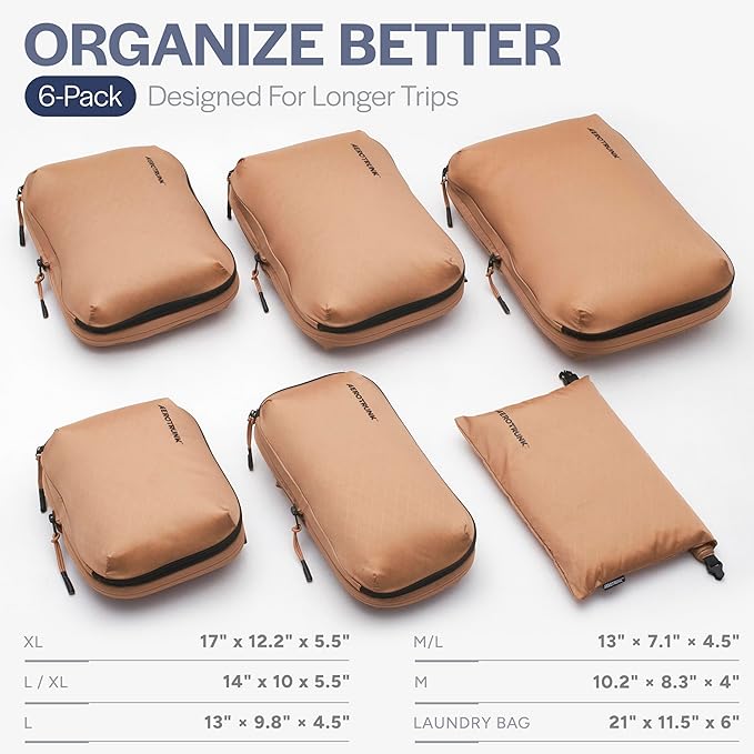 Aerotrunk Ultralight Compression Packing Cubes - Lightweight Travel Organizers for Suitcases and Luggage (6-Pack, Mocha)