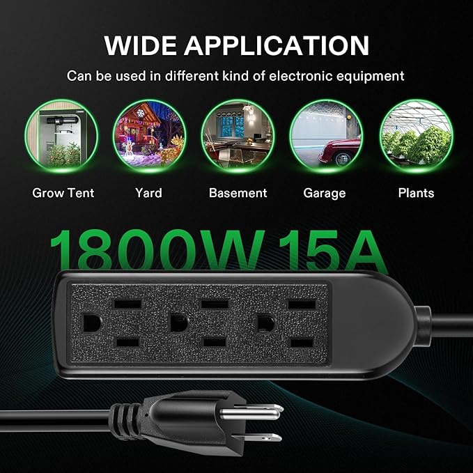 VIVOSUN 25 ft Extension Cord, 3-Outlet Power Strip with 1800W Surge Protection, 15A 14 AWG, Flat Heavy Duty Extender for Indoor Outdoor Use, Garden Home Office, Black