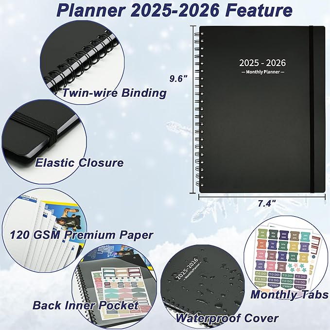 Monthly Planner 2025-2026 (7.4'' x 9.6''), 18 Months Calendar Planner from Jul 2025-Dec 2026, 2025 Agenda with Pocket, 120GSM Paper, Black