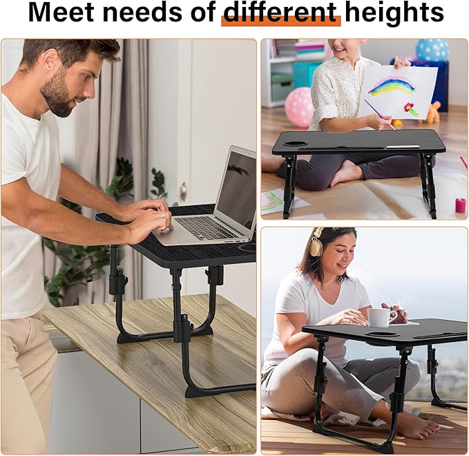 Laptop Desk for Bed Height Adjustable, Lap Bed Table with USB/Storage Drawer/Cup Holder/Tablet Stand/Book Shelf, Foldable Breakfast Tray Portable for Reading Writing, Sofa & Floor, Black
