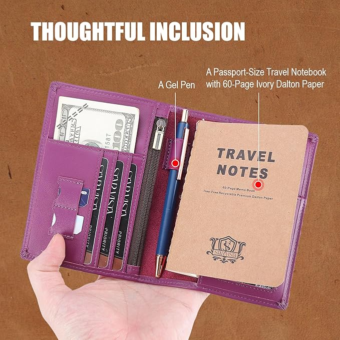 STAR VISTA Phoenix Leather Passport Holder, Calfskin Leather Travel Wallet - RFID Blocking, ID Window, Zipper Pocket, Pen & Notebook Included, AirTag Holder, Violet