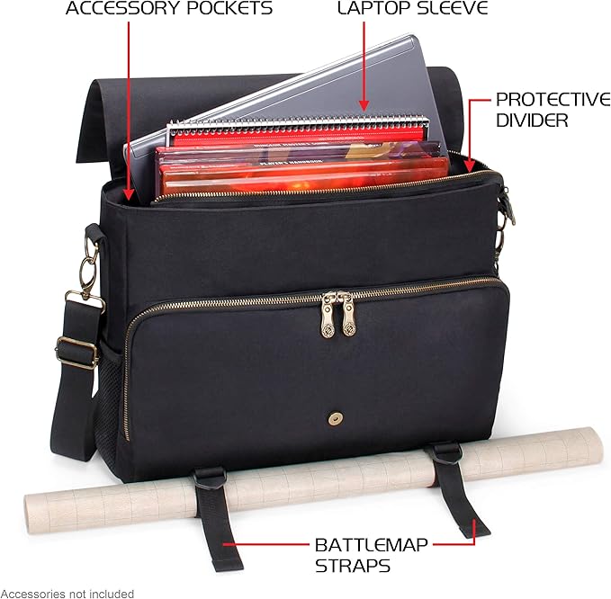 ENHANCE Tabletop RPG Player's Essentials DND Bag - Dungeons and Dragons Messenger Bag Fits Player's Handbook, Binders, Dice & Accessories with 17 inch Laptop Compartment and Battlemap Carrying Straps