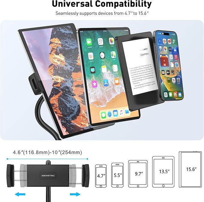 AboveTEK iPad Holder for Bed, Adjustable Tablet Bed Stand Mount, 360° Hands-Free Kindle Holder for Reading in Bed, Compatible w/ 4.7"-15.6" Tablets/iPads/Kindles/Phones/Samsung - Durable & Flexible