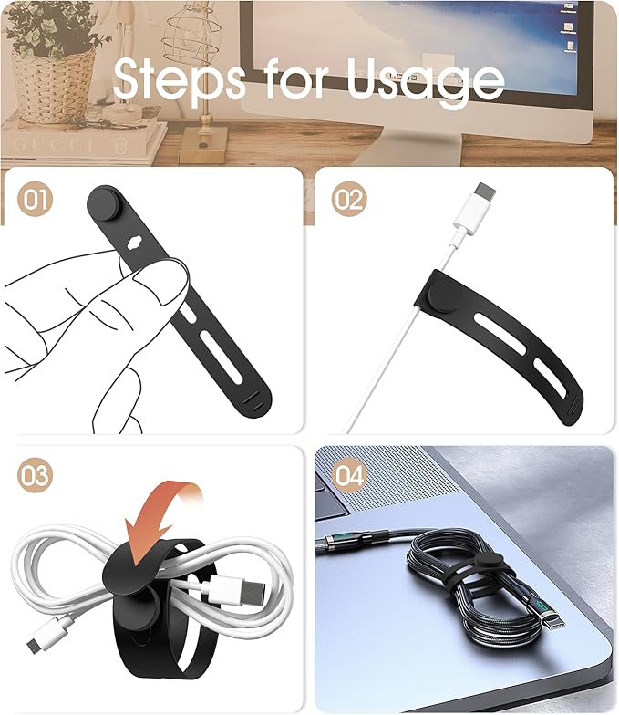 40Pcs Nearockle Reusable Cable Ties, Adjustable Silicone Cord Organizer Small Zip Ties for Charging Cords Earphone Computer Wire, Office Desk Cable Management Travel Accessories(Black)