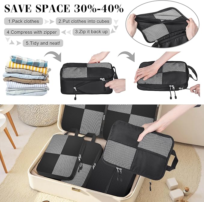 8 Set Compression Packing Cubes for Travel, Expandable Waterproof Travel Organizer, Lightweight Luggage Organizer with Shoes & Laundry Bags, Travel Accessories for Men Women, Black