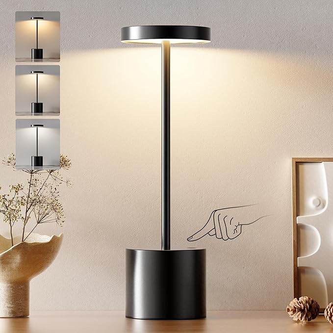 Kakanuo Cordless Lamp, Rechargeable Lamp, Touch Control, 3 Color Temperature, LED Outdoor Wireless, Battery Operated Lamps, Stepless Dimmable, Black